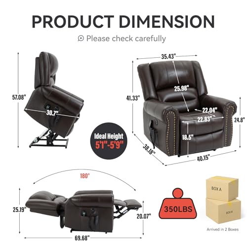 Dual Motor Power Lift Recliner Chair with Massage and Heat, Faux Leather, Brown V8458