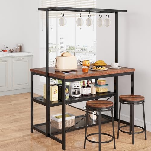 Kitchen Island with Storage, Bakers Rack with Power Outlet, 3 Tier Microwave Stand, Coffee Bar Table I24443