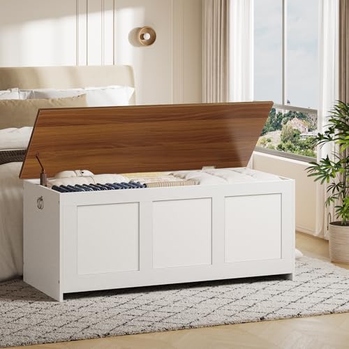 HOOBRO Storage Bench, 39.3" Retro Wooden Chest with Lift Top, White and Walnut C2921
