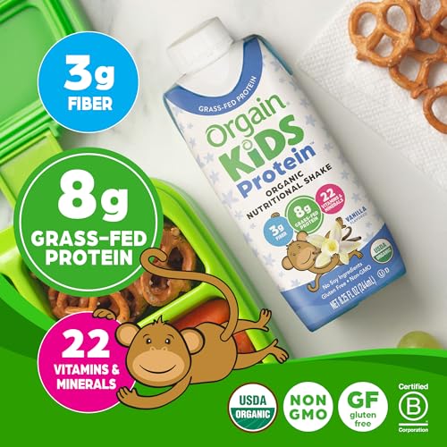 Orgain Organic Kids Protein Nutritional Shake, Chocolate, 8g Protein, 8.25 Fl Oz (Pack of 12) S5828