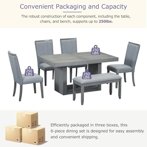 Merax 6-Piece Dining Table Set with 4 Upholstered Chairs & Bench, Extendable Farmhouse Kitchen Furniture X452316