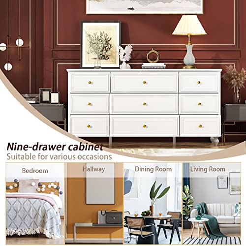 FAMAPY Chest of Drawers White Dresser with Gold Metal Handles & Wooden Legs O6797