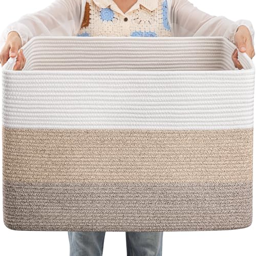 OIAHOMY Large Rectangle Woven Blanket Basket with Handle, Gradient Blue B58762