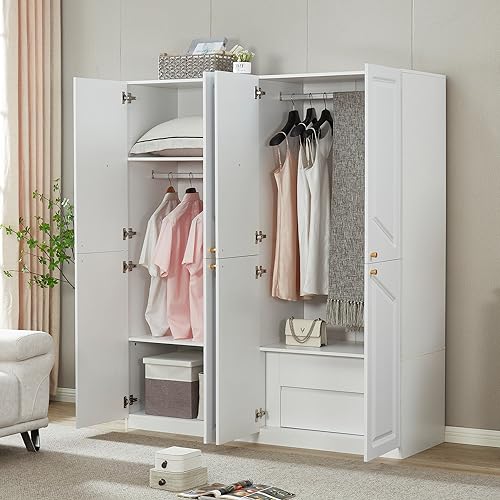 Wooden Armoire Wardrobe Closet Cabinet, 4 Door 2 Drawers, White, 63" L x 20.3" W x 72" H A546555