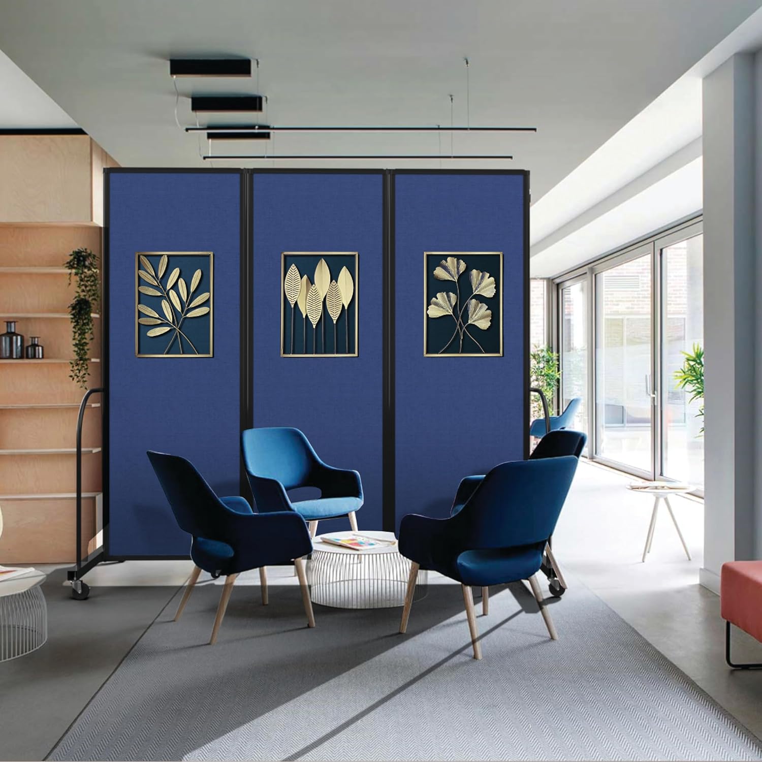 Room Divider with Metal Frame, Folding Portable Partition, 7'6" x 8'7", Navy O78716