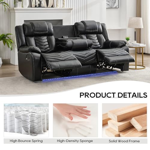 Grey Leather 3-Seater Recliner Sofa Set with Wireless Charger and LED Lights M484