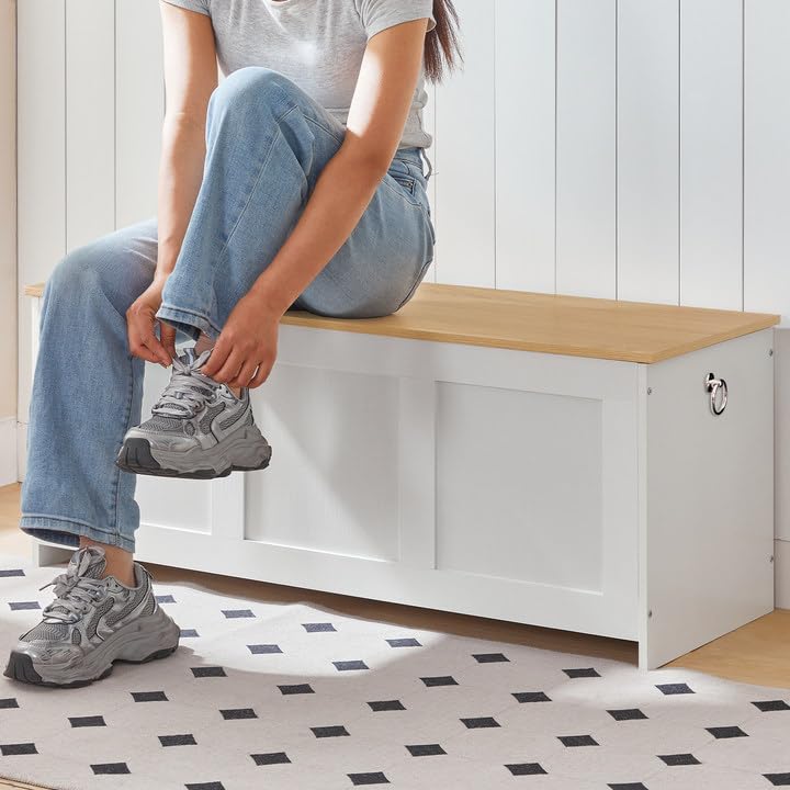 HOOBRO Storage Bench, 39.3" Retro Wooden Chest with Lift Top, White and Walnut C2921