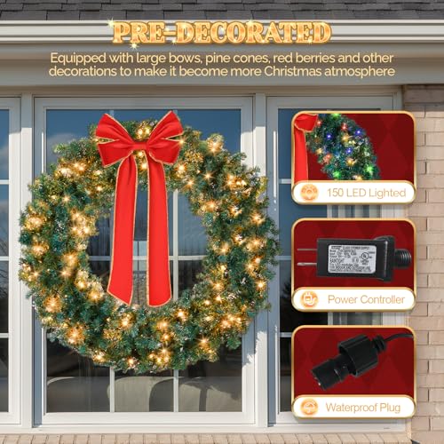 VINGLI 48 Inch Pre-lit Artificial Christmas Wreath with 150 LED Lights T885