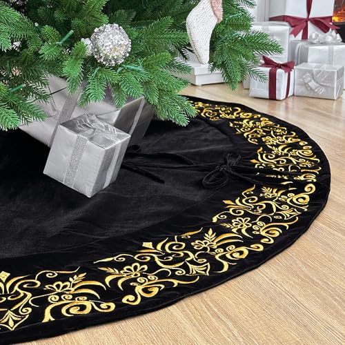 Burgundy Victorian Velvet Christmas Tree Skirt with Gold Damask Embroidery Q6345