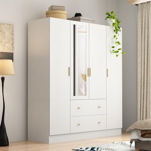 4-Door Armoire Wardrobe Closet with Mirror, 63" L Modern Wooden Bedroom Armoire with 2 Drawers, 2 Hanging Bars & 7 Shelves, Black Brown