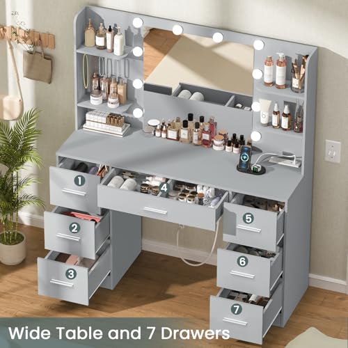 Quimoo Large Vanity Desk with LED Mirror & Power Outlet, White L335
