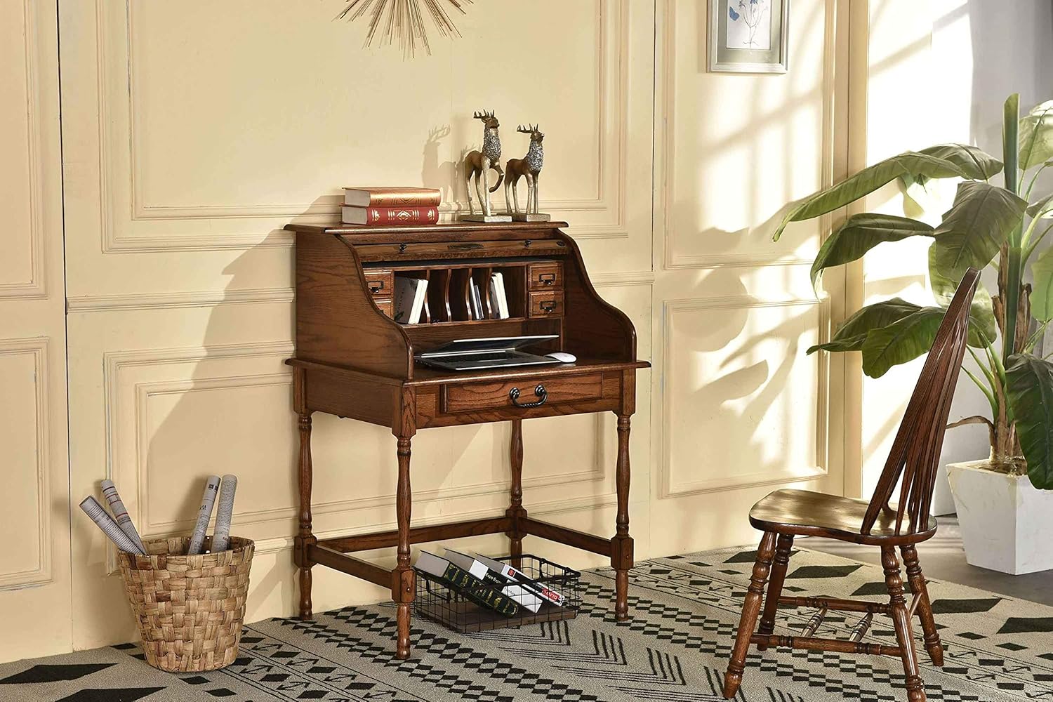 Mini Roll Top Desk Solid Oak Wood Burnished Walnut Finish H846505