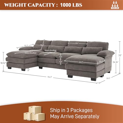 OUYESSIR 114" U-Shape Sectional Sofa with Ottoman & Pillows, Beige White K996625