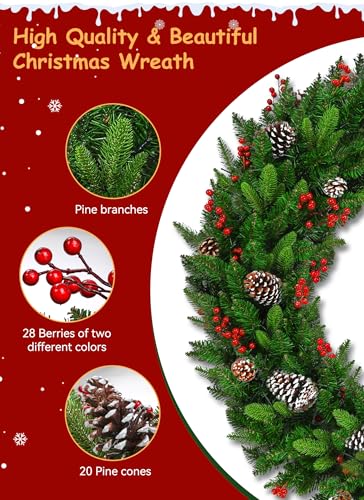 Brightown 24 Inch Pre-Lit Artificial Christmas Wreath with Pine Cones & Berries L37024