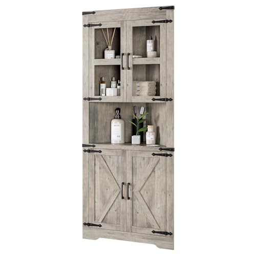 Farmhouse Corner Cabinet with Barn Door and Adjustable Shelves, White J266