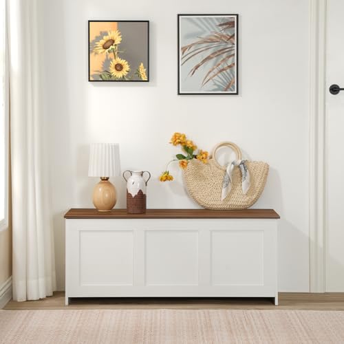 HOOBRO Storage Bench, 39.3" Retro Wooden Chest with Lift Top, White and Walnut C2921
