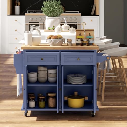 HOMCOM Kitchen Island on Wheels with Rubberwood Top, Navy Blue X7812