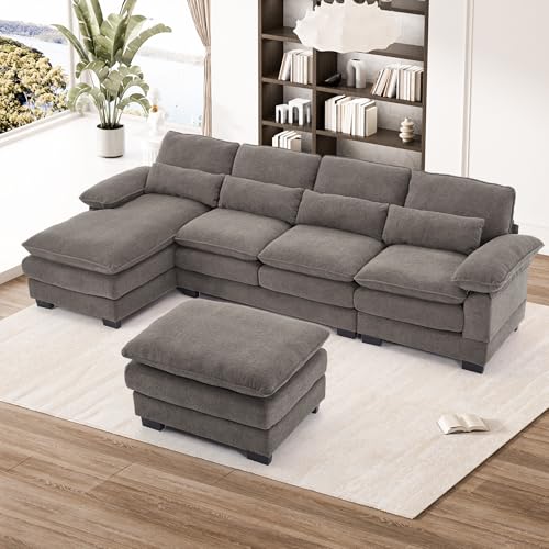 OUYESSIR 114" U-Shape Sectional Sofa with Ottoman & Pillows, Beige White K996625