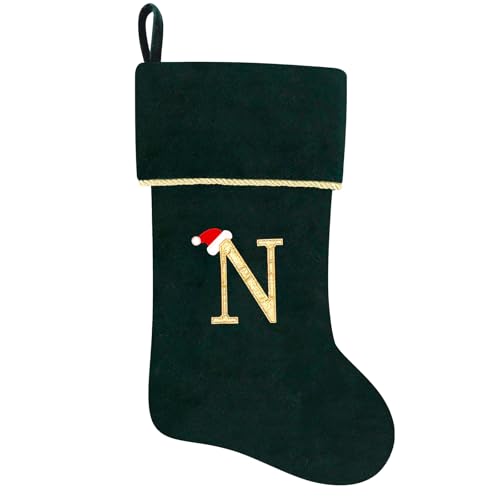 20 Inches Initial Monogram Blue Velvet Christmas Stocking with Gold Trim U394