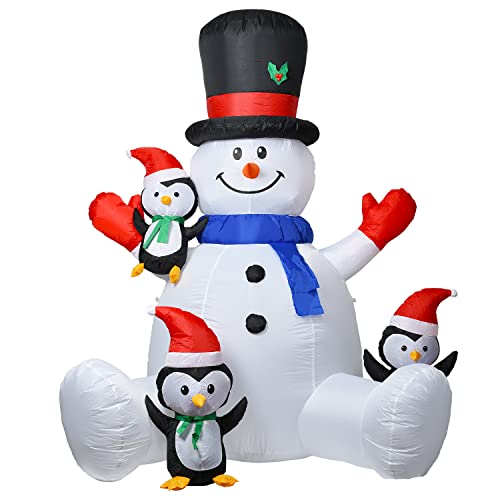 DearHouse 7Ft Lighted Christmas Inflatable Snowman with Three Cute Penguins G929154