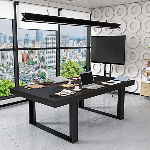 FAMAPY 7.2FT Conference Table, Black Metal Frame, Rectangular Office Table, Deep Walnut E669