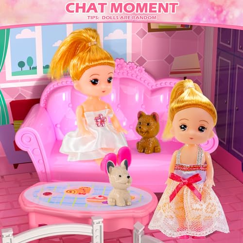 Dolls House 4 Stories 10 Rooms Playset with 2 Princesses Slide for Girls 3-8 Years P507426