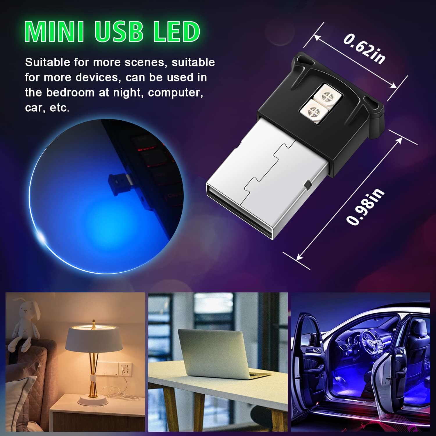 Ouzorp 4 Pcs Mini USB LED Light, RGB Car Interior Lighting with Adjustable Brightness H70931