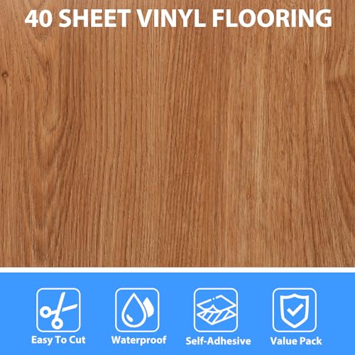 Peel and Stick Vinyl Floor Tiles 12x12 Waterproof Wood Look, 40 Sheets V905