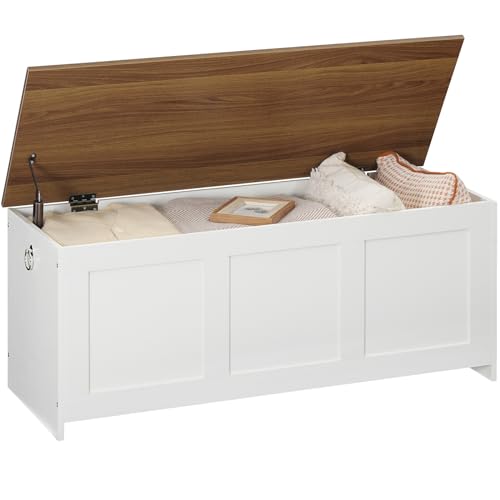 HOOBRO Storage Bench, 39.3" Retro Wooden Chest with Lift Top, White and Walnut C2921