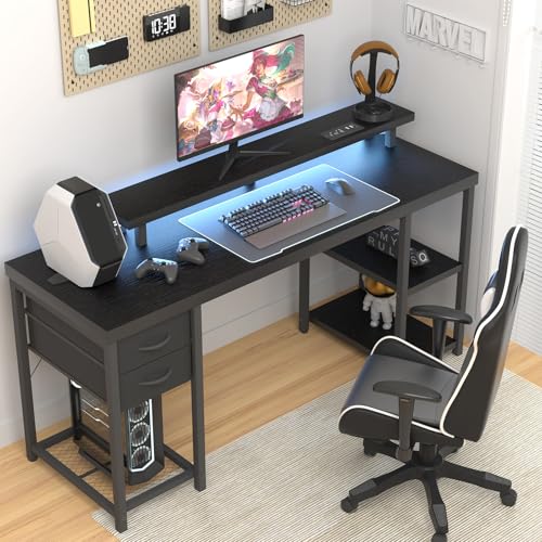 Computer Desk with Drawer, Power Outlets and LED Light, Black C8370
