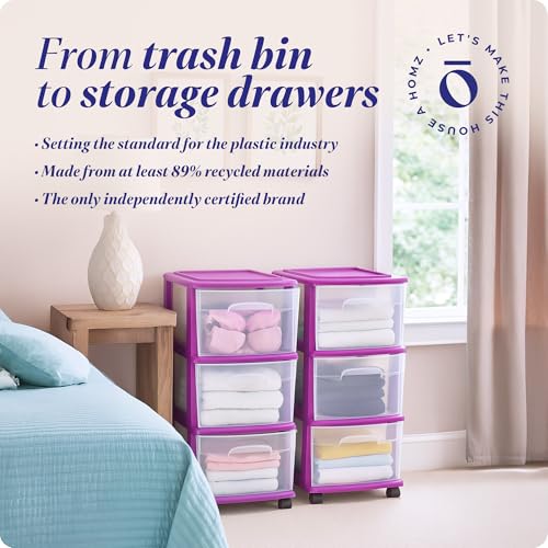 HOMZ 3-Tier Clear Plastic Storage Organizer Cart with Wheels, Black Frame M4715