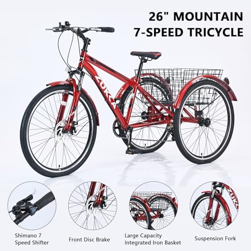 Adult Tricycle Bike 7-Speed 26-Inch 3-Wheel with Basket D678122