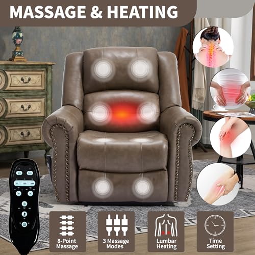 Dual Motor Power Lift Recliner Chair with Massage and Heat, Faux Leather, Brown V8458