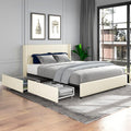 Dolonm Queen Size Upholstered Bed Frame, Platform Bed with Patented 4 Drawers Storage and Headboard, Button Tufted and Wingback Design, Mattress Foundation with Wooden Slats Support, Ivory Velvet