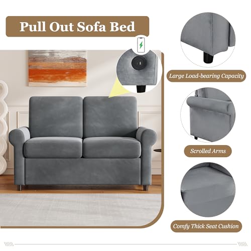 57.4" Pull Out Sofa Bed with Twin Mattress Pad, Gray G3218