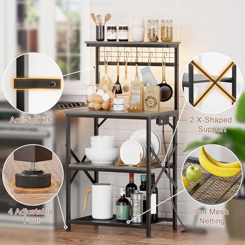 Furologee Bakers Rack with Power Outlet and LED Light, 4-Tier Microwave Stand, Rustic Brown M537