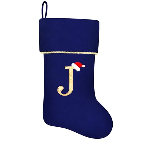 20 Inches Initial Monogram Blue Velvet Christmas Stocking with Gold Trim U394
