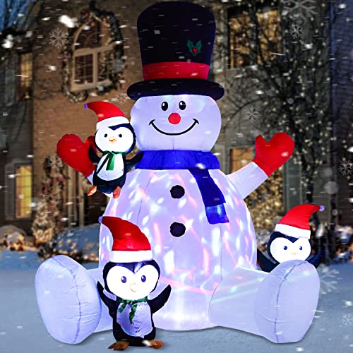 DearHouse 7Ft Lighted Christmas Inflatable Snowman with Three Cute Penguins G929154