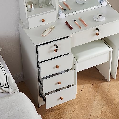 White Vanity Desk Set with 10 LED Lights and Charging Station W7137