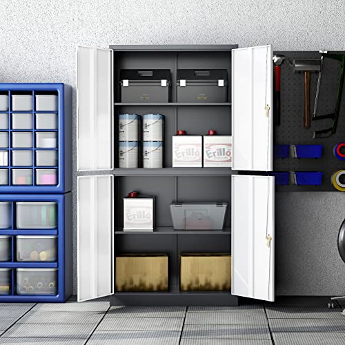 Locking Metal Garage Cabinet 72" Tall, 2 Doors, 5 Shelves, Black Steel Storage B923