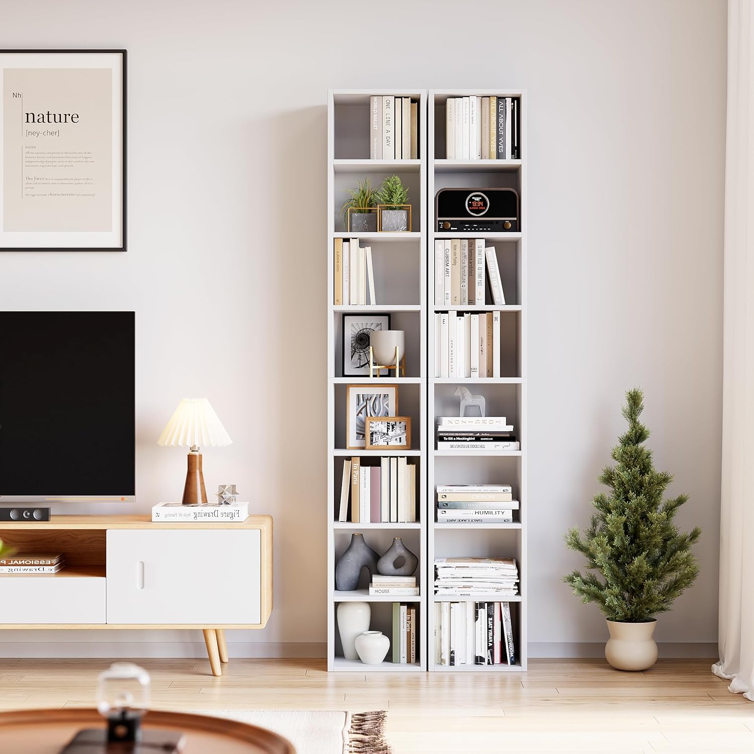 71 Inches Tall Narrow Bookshelf, 8-Tier Media Tower, White B925548