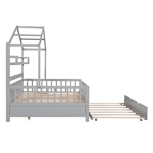 Full Size House Bed with Storage Shelf, Wooden Frame with Guardrail R174