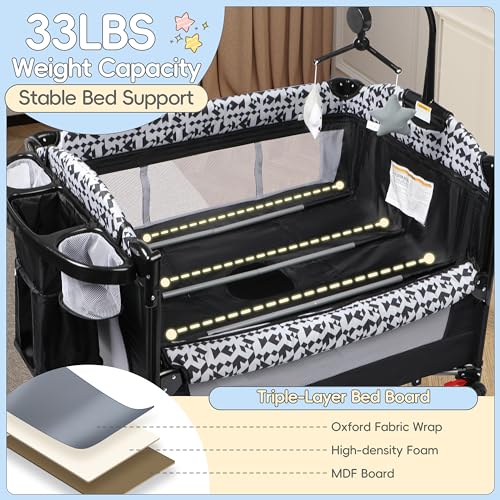 Xilingol 5-in-1 Pack and Play, Baby Bassinet Bedside Sleeper with Diaper Changer & Music Box N3018