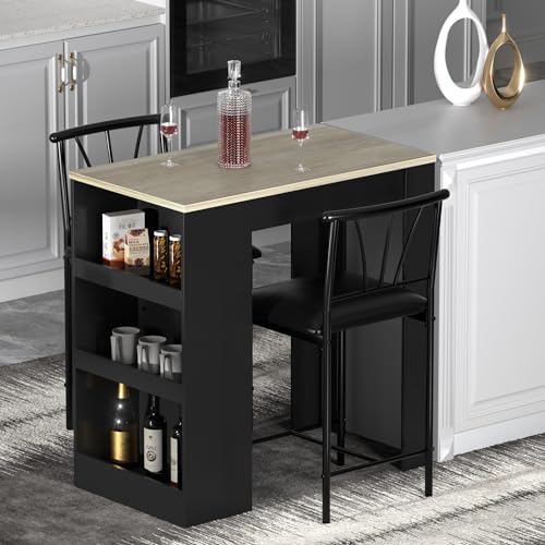 VECELO Small Bar Table and Chairs with Stools, Gray S8817
