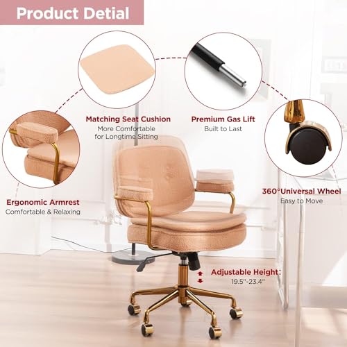 Boucle Desk Chair with Wheels and Arms, Gold Metal Legs, Teddy Chair for Girls and Women, Camel T741
