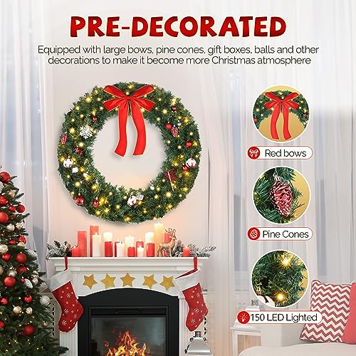VINGLI 48 Inch Pre-lit Artificial Christmas Wreath with 150 LED Lights T885