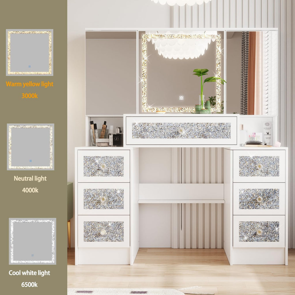 Homsee 43.3" White Luxury Makeup Vanity Desk with Lighted Mirror D2377