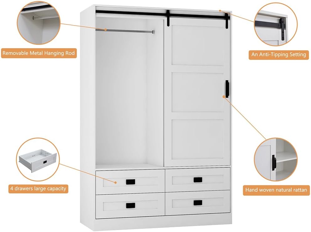 Solid Wood Armoire Wardrobe with Sliding Barn Door, 4 Drawers and Hanging Rod O1248