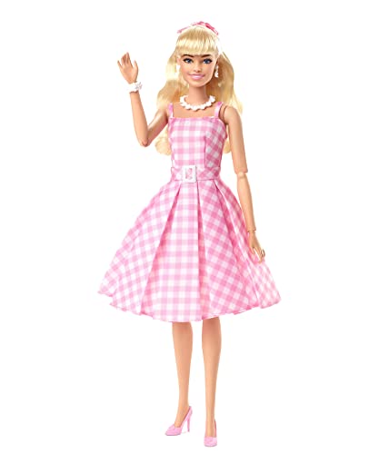 Barbie The Movie Doll Margot Robbie Collectible in Pink Gingham Dress D492