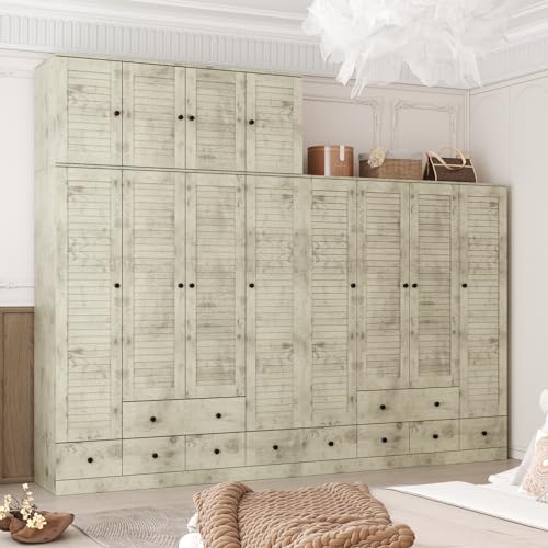 ECACAD Extra Tall Wardrobe Armoire with Top Cabinet, 10 Shelves, 4 Drawers, Hanging Rod, Light Brown E394971